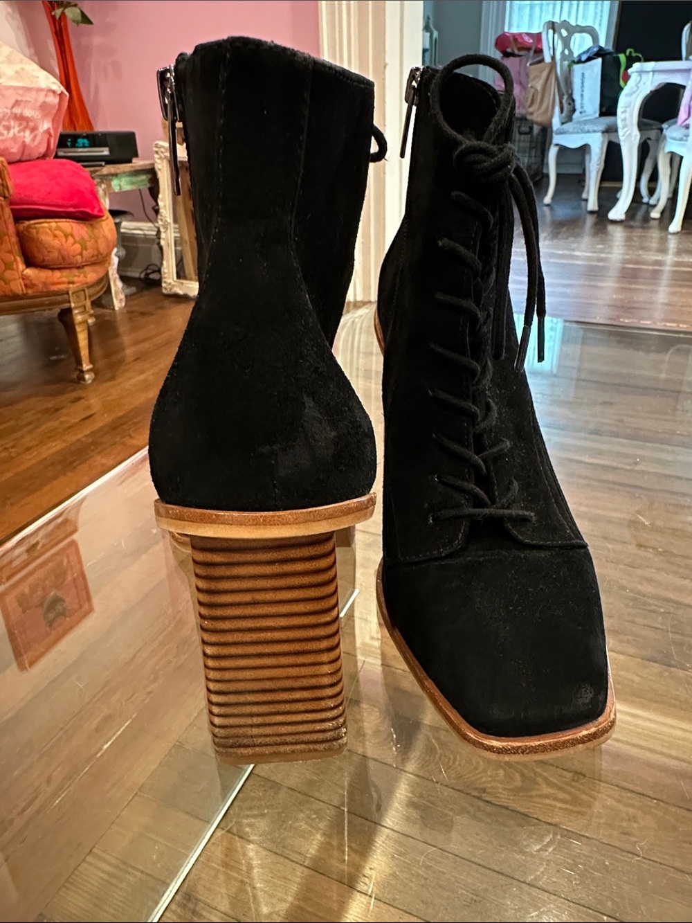 Vince Camuto Dreveri Black Suede Lace-Up Block Heel Ankle Boots